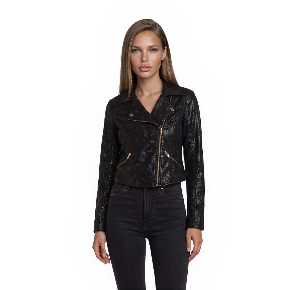 Rock & Republic Black Leopard Moto Jacket Women's Size Medium Faux Leather Coat